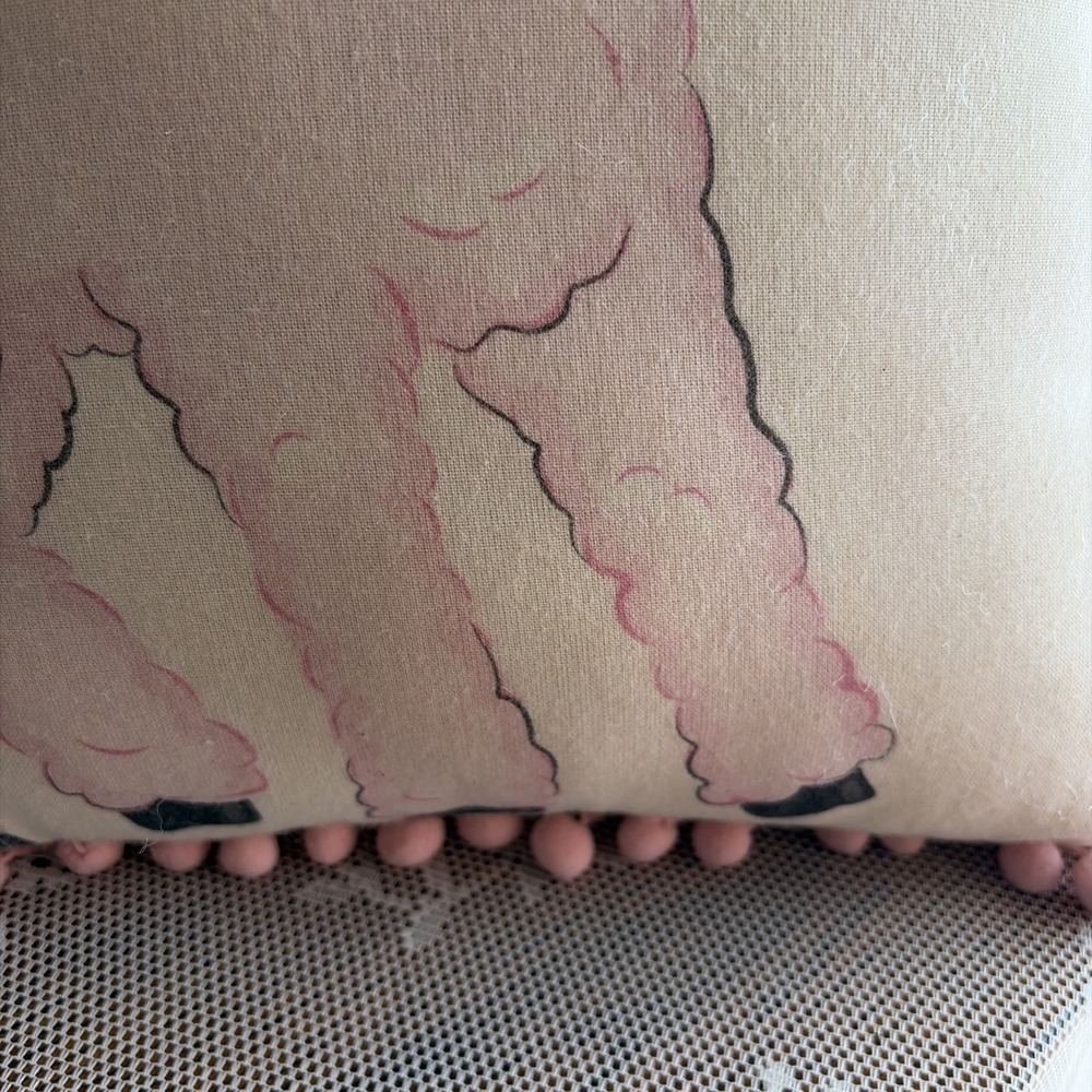 Vintage Inspired Kitschy Lamb Throw Pillow Pink Pom Pom Fringe Square Polka Dots - Picture 8 of 16